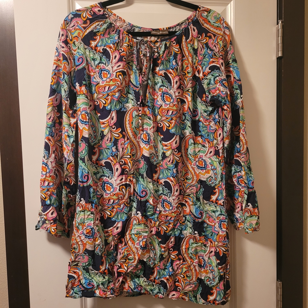 Tommy Bahama Size Medium Multi Paisley Keyhole Long Sleeve Short Mini Dress
